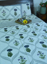 Blue Marigold with Pink Lilly Dohar Bedsheet & Dohar Set – Hand Block Printed